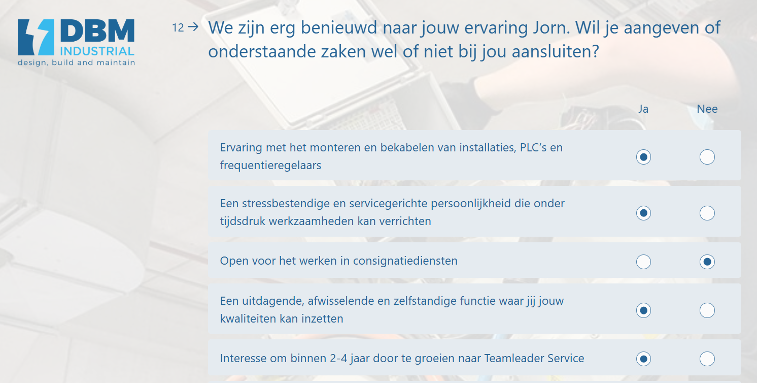 DBM industrial vacature service engineer sollicitatiefunnel zonder CV